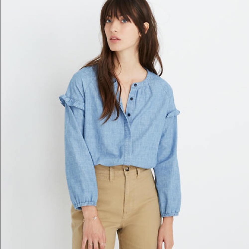 MADEWELL Denim Collarless Ruffle Shirt NWT Small